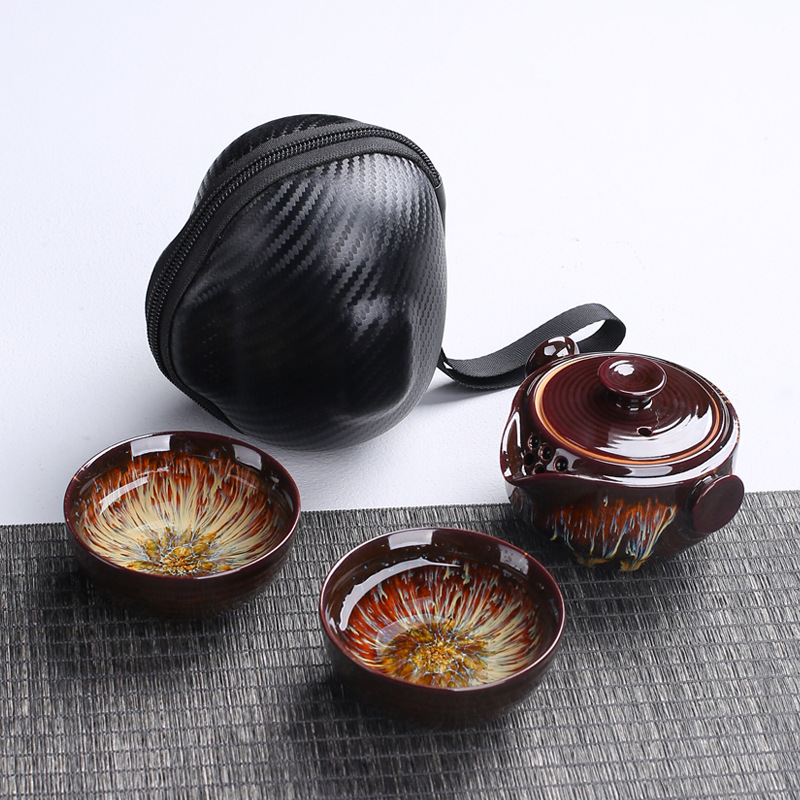 Korean Tea Set - Taşınabilir seramik demlik gaiwan 2 bardak